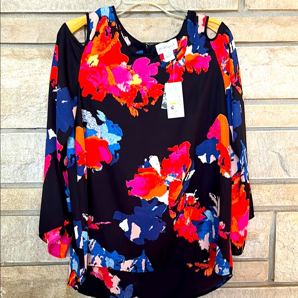 Peck & Peck Red and Pink 3/4 Sleeve Cut Out Blouse